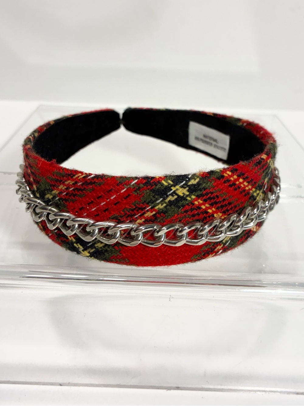 Red Plaid Wide Headband w/ Chunky Silver Chain Detail, Black Velvet Lining - Picture 4 of 7